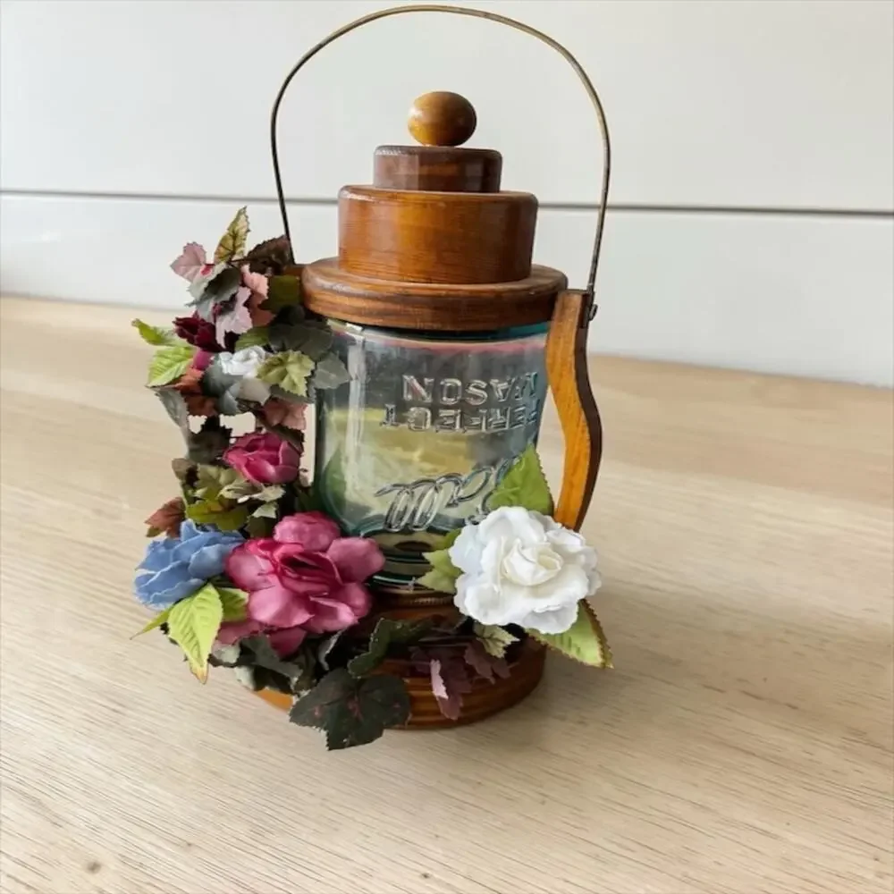 Vintage Handmade Wood Candle Lantern Aqua Perfect Mason Jar Silk Flowers